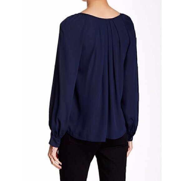 BELLATRIX Pleat Neck Long Sleeve Blouse Solid Navy Blue Polyester Peasant Top XS - Picture 2 of 8